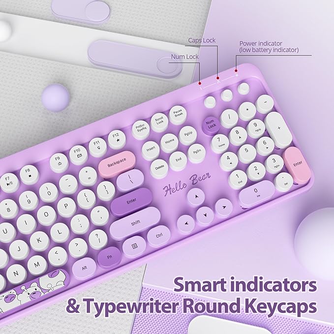 Fogruaden Wireless Keyboard and Mouse Combo 2.4GHz Retro Typewriter Keyboard, 104 Keys Full Size Round Keycap Cute Keyboard and Mouse with Number Pad, Purple Colorful Keyboard for Windows PC Laptop