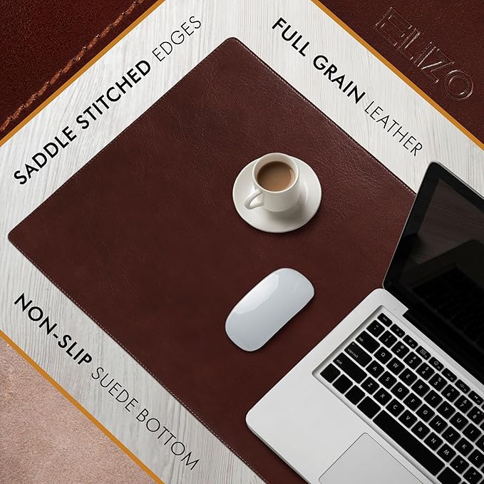 Elizo Leather Desk Mat Desk Pad Blotter Set - Real Full-Grain Leather (32x16) 2-Layer Genuine Desk Cover Protector & Large Mouse Pad | Computer Keyboard Desk Accessories for Office & Home