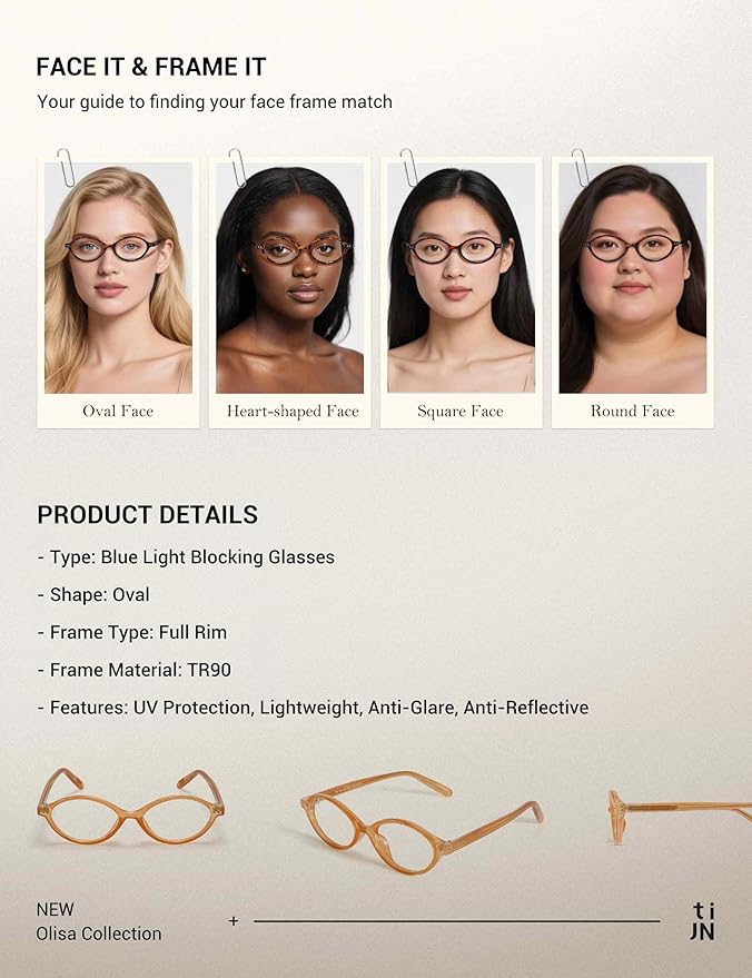 TIJN Olisa Blue Light Blocking Glasses for Women Men,Oval Glasses Frame Bluelight Glasses for Gaming/Computer/Screen