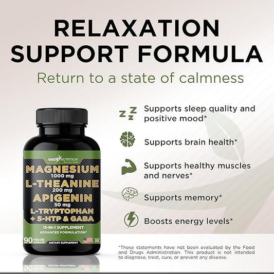 Gade Nutrition Magnesium Glycinate & Magneisum Supplements with Apigenin, L Theanine 200 mg, 5 HTP, GABA Calm Brain Booster Supplement Sleep Aid Ashwagandha L Tryptophan Chamomile
