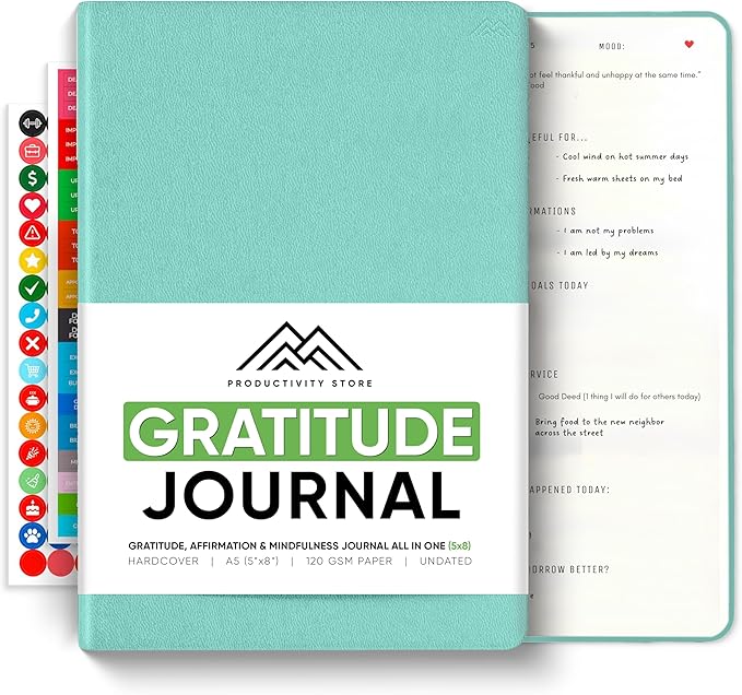 PRODUCTIVITY STORE Gratitude & Self-Care Journal - Guided Mindfulness & Mental Health Journal All-in-One with Prompts for Self Discovery - Daily Journal for Men & Women (A5, Teal)
