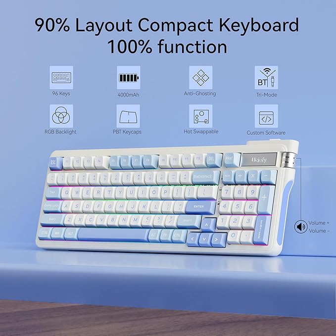 Uciefy VK96 Wireless Mechanical Keyboard Bluetooth/2.4G/USB C Wired 96 Keys Gaming Keyboard RGB Backlit, Gasket Mount, Hot Swappable Creamy Keyboard with Number Pad & Knob for PC/Win/Mac/Laptop-Blue