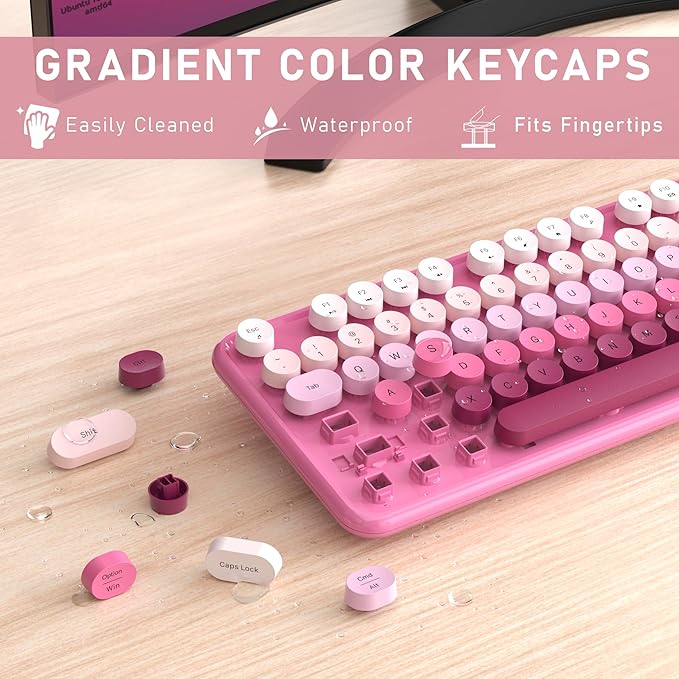 Wireless Keyboard and Mouse, Full-Size Retro Typewriter Keyboard with Round Keycaps, 2.4GHz for Windows, Mac, Laptop, PC, Desktop (Dark Pink Gradient)