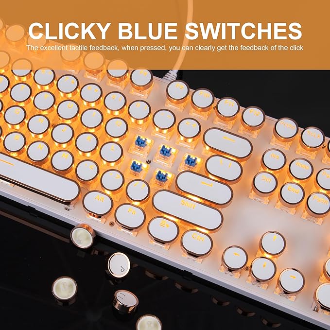 Typewriter Style Mechanical Keyboard, Retro Punk Gaming Keyboard with Gold LED Backlit, Cute Wired Keyboards,104 Keys Full Size Keyboards, Uique Round Keycaps for Windows/Mac/PC(White&Gold)