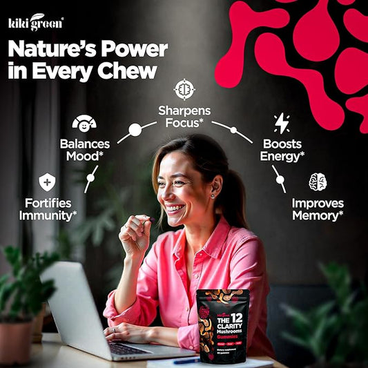 KIKI Green 12 Mushroom Supplement Gummies - Lion's Mane, Cordyceps, Chaga, Reishi, Turkey Tail & 7 More for Memory, Focus, Immunity - 60 Mushroom Gummies for Adults with Raspberry Flavor 10:1 Extract