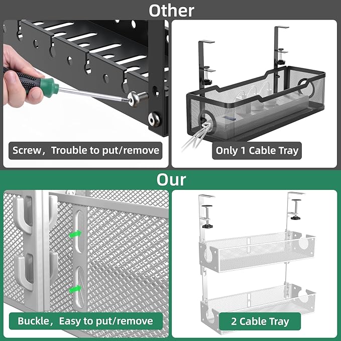 Multi-Model Under Desk Cable Management Tray 2 Packs Metal Under Desk Wire Management Clamp Mount Under Table Cord Management No Damage The Desk (White)