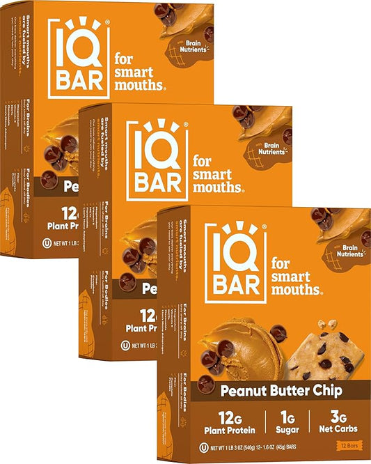 IQBAR Brain and Body Plant Protein Bars - Peanut Butter Chip - 36-Count Low Carb - Gluten Free, High Fiber, Vegan Snacks - Low Sugar Meal Replacement