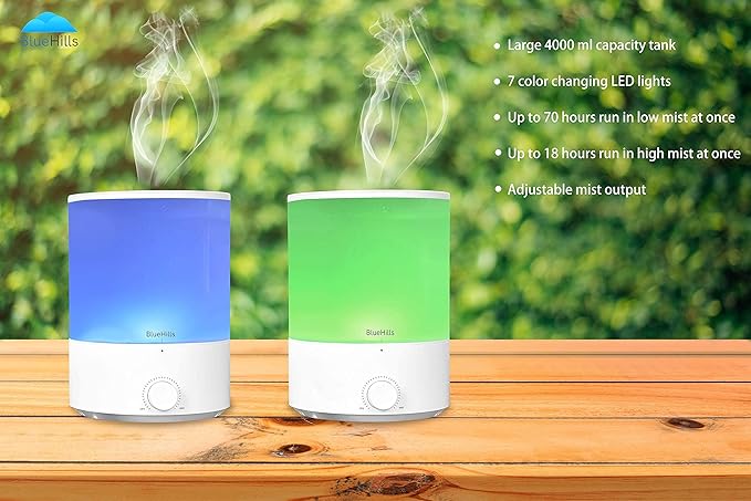 BlueHills Premium 4000 ml XL Essential Oil Diffuser 4L 4 Liter 70 Hour Run Humidifier Aromatherapy 1 Gallon Big Capacity High Mist Output for Large Room Home Mood Lights Long Run Diffuser White E401