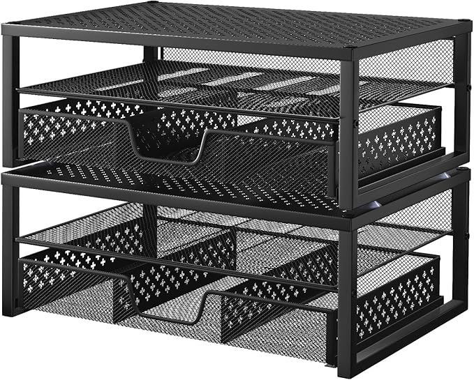 Simple Trending 2 Pack 2 Tier Metal Monitor Riser Stand and Computer Desk Organizer with Drawer, Black