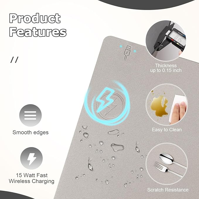 Wireless Charging Mouse Pad Firelison 2 in 1 Leather Multifunctional Office Desk Pad with Non-Slip Rubber Base, Waterproof Desk pad for Computers/Office/Work/Home/Decor（ 32" x 16"Grey - L）