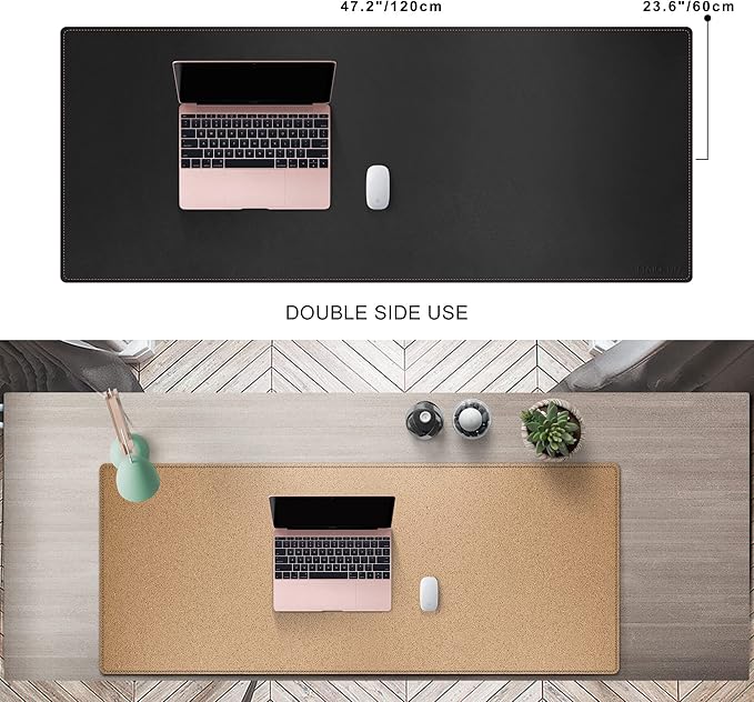 MAIDERN 47.2" x 23.6" XXL Cork & Leather Desk Mat, Reversible Full Desk Mouse Pad Protector (Black)