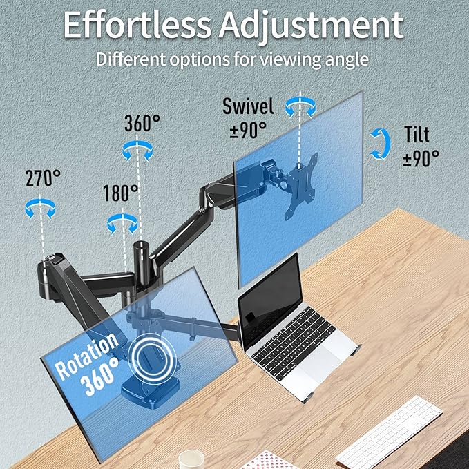 MOUNTUP Dual Monitor and Laptop Mount, Gas Spring Monitor Stand for 2 Max 27" Computer Screens, Laptop Tray Fits 10-17inch Notebook, Holds 4.4-17.6lbs Per Arm, 3-in-1 Adjustable Monitor Desk Mount