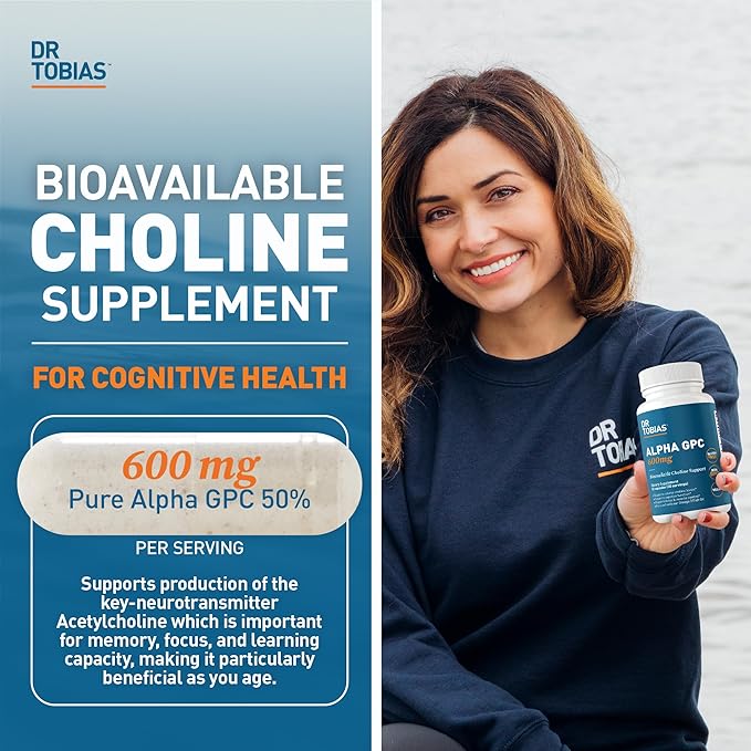 Dr. Tobias Alpha GPC 600mg Per Serving - Bioavailable Choline Supplements for Brain, Memory and Focus - Premium Nootropic Alpha GPC Choline Supplement, Vegan, Non-GMO, 60 Capsules, 30 Servings