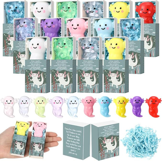 Wettarn 20 Sets Axolotl Positive Gifts Cute Stress Balls with Support Gift Boxes Inspirational Party Favors for Employee Coworker Friends Office Appreciation Relief Toys