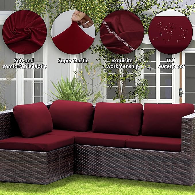 14Pcs Patio Cushion Covers Waterproof, Cushion Covers, Stretch Couch Covers, Patio Couch Slipcovers, Patio Cushion Covers Replacement, Outdoor Chair Cushion Covers (Wine red)