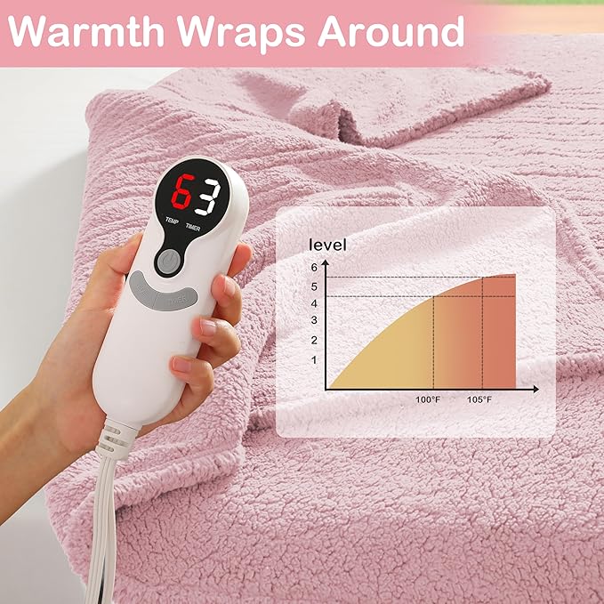 Electric Heated Blanket 6 Heating Settings & 10H Auto Off Full 72×84 Ultra-Soft Warm Machine Washable Home Office Light Pink