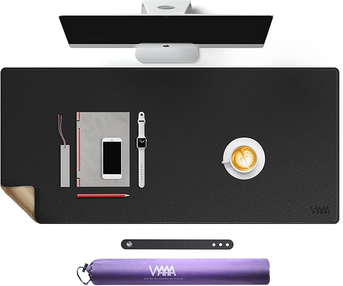 Vyaaa 43.3“ x 19.7” Cork & Leather Desk Mat, Dual Sided PU Leather Desk Pad Protector, Waterproof Non-Slip Extra Large Desk Writing Pad, Laptop Desk Pad, Keyboard Mat for Home or Office (Black)