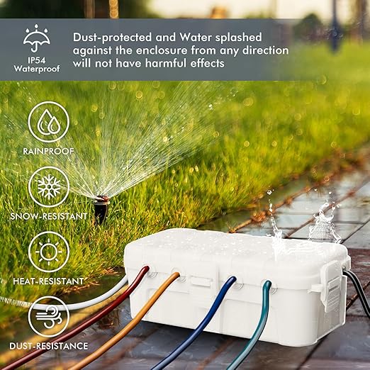 RESTMO Outdoor Electrical Box, IP54 Weatherproof Extension Cord Cover with 6 Cable Entry Ports, Waterproof Connection Box Protect Power Strip, Timer, Plug, Holiday Lights, (11.5x5.2x4 inch), White