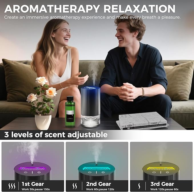 Waterless Essential Oil Diffuser with 100ml of Pure Essential Oil, Mini Scent Air Diffuser with 7 Color Lights, 100ml Large Capacity CarDiffuser, 3 Timers & 3Mist Levelsfor Home, Car, Office