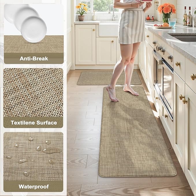 KIMODE Kitchen Mat for Floor Anti Fatigue, 20"x47"+20"x32" Farmhouse Kitchen Rugs Sets of 2, Cushioned Kitchen Floor Mat, Comfort Textilene Standing Mat for Laundry Office Sink Desk Light Brown