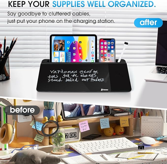 Varhomax Glass Desk Whiteboard Black with Wireless Charger, Desktop Dry Erase White Board with Storage,to Do List Memo Notepad for Home and Office