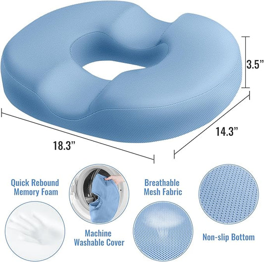 CloudBliss Donut Pillow Seat Cushion Chair Pad for Tailbone Pain Relief and Hemorrhoids, Memory Foam Seat Chair Cushion for Men and Women for Home & Office, (Light Blue-XL)