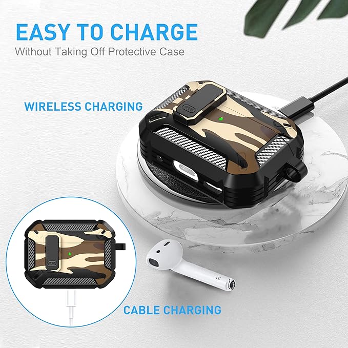 Maxjoy AirPods Pro 2nd/1st Generation Case Cover with Lock, AirPods Pro 2 Protective Case with Keychain Compatible with Apple AirPod Pro2 2023 USB C Cable 2022 Lightning Cable/ Pro1 2019, Brown Camo