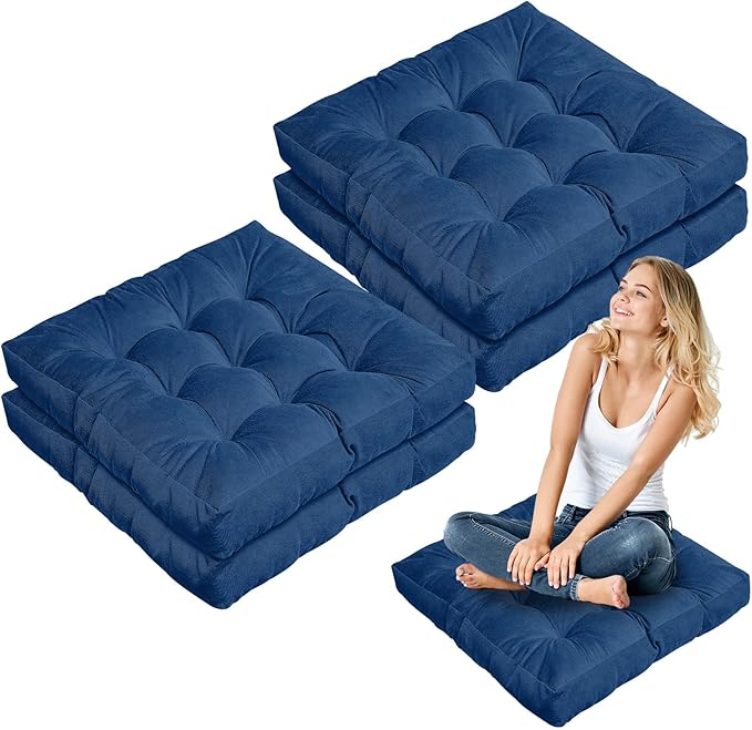 Jerify 4 Pcs Floor Pillow Cushions 22 x 22 Inch Round Square Large Meditation Floor Pillow for Classroom Adult Meditation Picnic Party Cushion for Seating Gift Christmas(Navy Blue,Square)