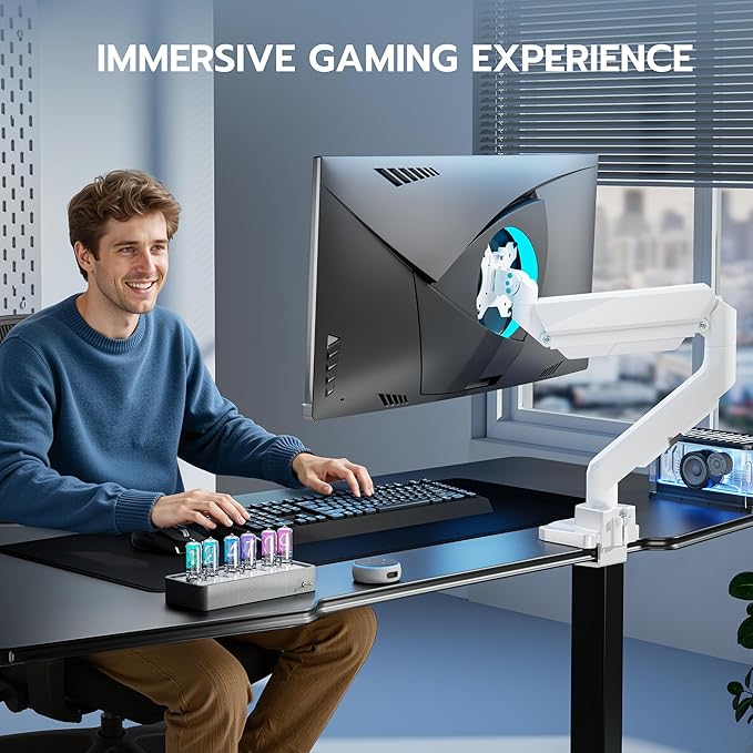 ARES WING Single Monitor Arm, Heavy Duty Adjustable Monitor Arm for 13"-49" Screens with USB, Gas Spring Desk Mount Stand with C Clamp/Grommet Mounting Base up to 40lbs Computer, White