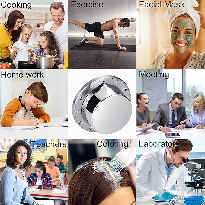 Kitchen Timer, Chef Cooking Timer Clock with Loud Alarm, No Batteries Required, 100% Mechanical - Magnetic Backing, Exquisite Stainless Steel Body - Countdown Reminder - Silver 1Pack