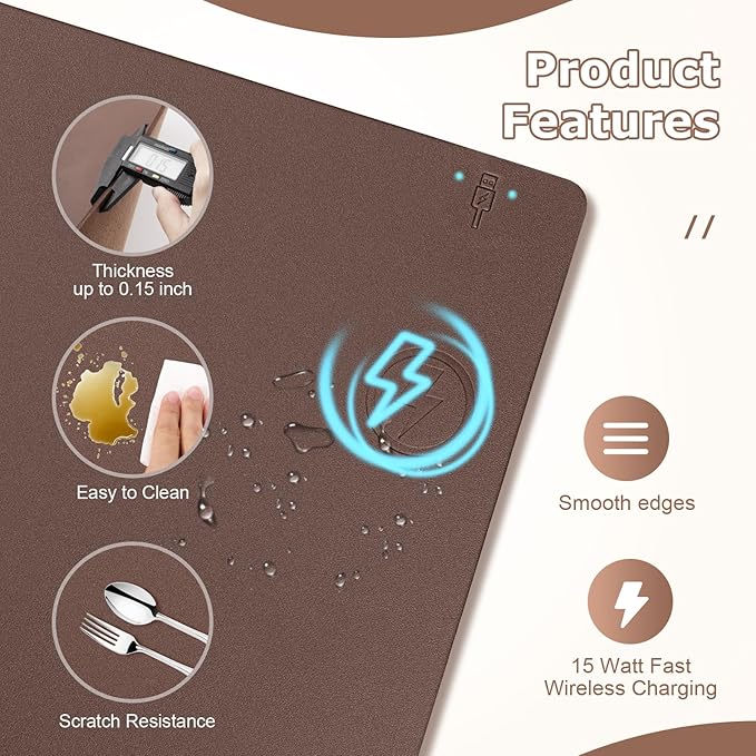 Wireless Charging Mouse Pad Firelison 2 in 1 Leather Multifunctional Office Desk Pad with Non-Slip Rubber Base, Waterproof Desk pad for Computers/Office/Work/Home/Decor（ 36" x 17"Brown - R）