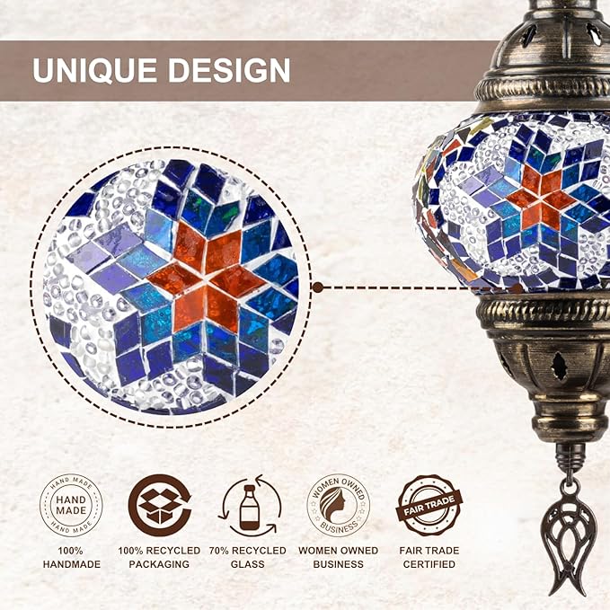 Kafthan Turkish Moroccan Mosaic Lamp – Handmade Glass Swan Neck Bedside Lamp with Antique Brass Base, Ideal Decor for Bedroom, Office, Living Room – Bulb Included (Red & Navy Center Star)