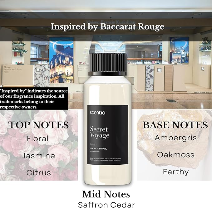 Hotel Diffuser Oil Inspired by The Baccarat Hotel Scent - 50 mL 1.69 fl oz - Essential Oil Blend of Cedar & Jasmine for Aromatherapy & Humidifiers - Secret Voyage, Mothers Day Gift