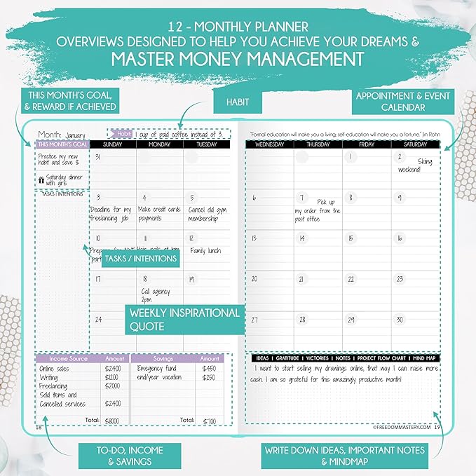 Budget Planner and Monthly Bill Organizer - Finance Planner, 12-Month Journey to Financial Freedom | Bill Payment Tracker Monthly Organizer, Money Saving & Expense Tracker | Undated Budgeting Journal