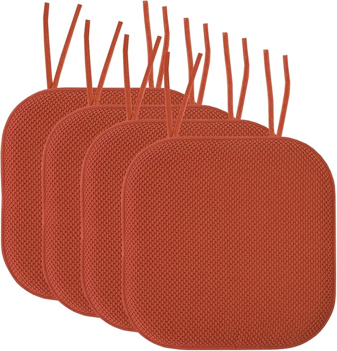 Sweet Home Collection Chair Cushion Memory Foam Pads with Ties Honeycomb Pattern Slip Non Skid Rubber Back Rounded Square 16" x 16" Seat Cover, 4 Pack, Rust