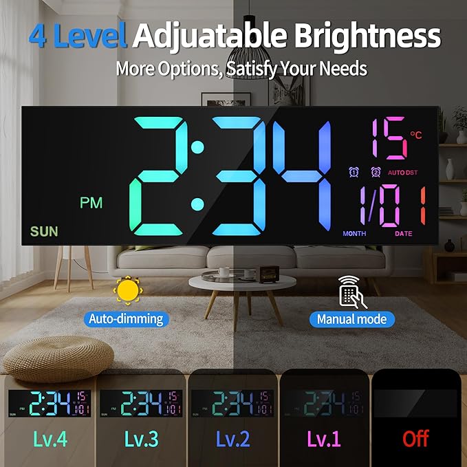 LEIKE 16.2'' Large Digital Wall Clock with Remote Control, Big LED/Dual Alarm/8 RGB Colors/Auto Brightness/Date/Auto DST/Temperature/Night Light Gym Clocks for Living Room Bedroom Office Wall Decor