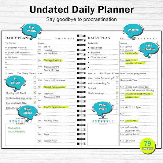Daily Planner Undated, Asten to Do List Notebook Hourly Schedules Spiral Appointment Planner for Men and Women,PVC Hardcover,Elastic Closure, Inner Pocket 8.3" x 5.8" (Black, 2 Pack)