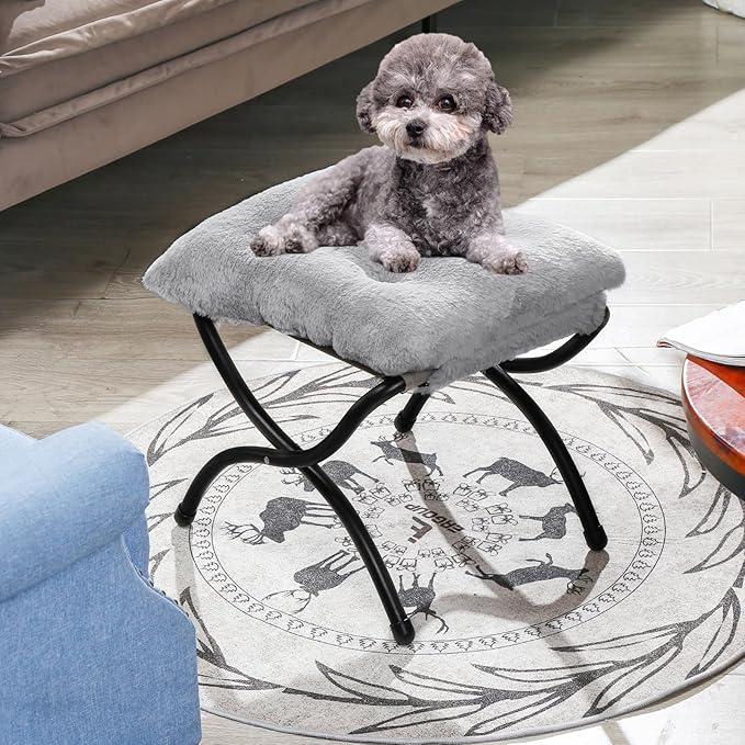 15" Foldable Foot Stool Ottoman with Metal Frame - Washable Faux Fur Grey Upholstered Indoor/Outdoor Footrest for Living Room, Bedroom, Patio - Space-Saving Compact Design