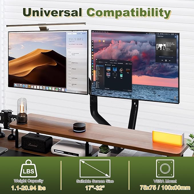 NicBex Dual Monitor Arms, 17-32 inch Monitor Stand for 2 Computer Screens, VESA Mount with 75/100 mm, Each Arm Supports Up to 20.94 lbs, Double Monitors Gas Spring Arm Desk Mount - Black