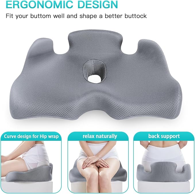 Benazcap Memory Seat Cushion for Office Chair Sciatica & Back Pain Relief Memory Foam Firm Coccyx Pad for Car, Wheelchair, Gaming Chair and Desk Chair, Gray