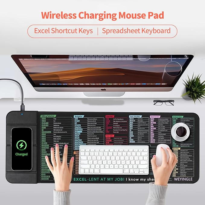 Wireless Charging Mouse Pad with Foldable Phone Stand &Excel Shortcut Keys 15W Qi Fast Charging Desk Mat XXL Non-Slip Surface for Gaming/Office, Compatible with Qi-Enabled Phones (31.5x11.8x0.16inch)