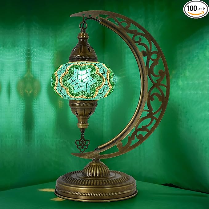 mozaist Turkish Stained Glass Luna Shape Table Lamp, Moroccan Crescent Tiffany Style Handmade Desk Light, Rustic Moon Living Room, Mosaic Lampshade Office Decorative Dim Lighting (Emerald Green)