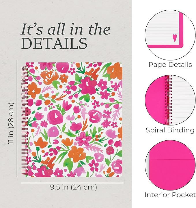 Steel Mill & Co Cute Large Spiral Notebook College Ruled, 11" x 9.5" with Durable Hardcover and 160 Lined Pages (Watercolor Flowers)