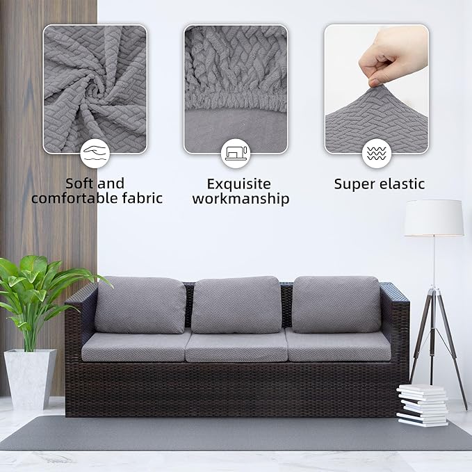 8Pcs Stretch Patio Cushion Cover Outdoor Cushion Cover Replacement Slipcovers Outdoor Cushion Covers Thick Jacquard Textured Twill Fabric Porch Patio Furniture Protector(Grey，Cover，Only)