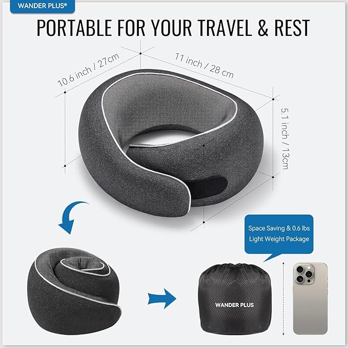 WANDER PLUS® Travel Neck Pillow, Memory Foam Neck Pillow for Airplanes, Comfortable Breathable Cover, 360 Degree Support Ergonomic Design Best for Sleeping Plane Train Travel Essentials Max Sky Blue