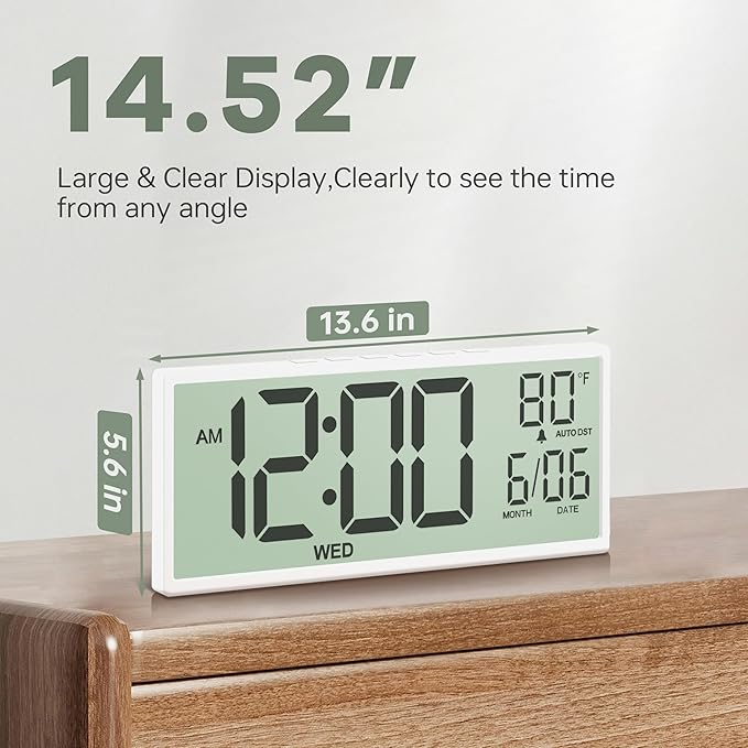 JALL 14.5" Large Digital Wall Clock Battery Operated with Big Digits LCD Display, Day, Date, Alarm, Auto DST, Temperature for Living Room, Bedroom, Desk, Mounted, Gift for Elderly (White, 14.5'')