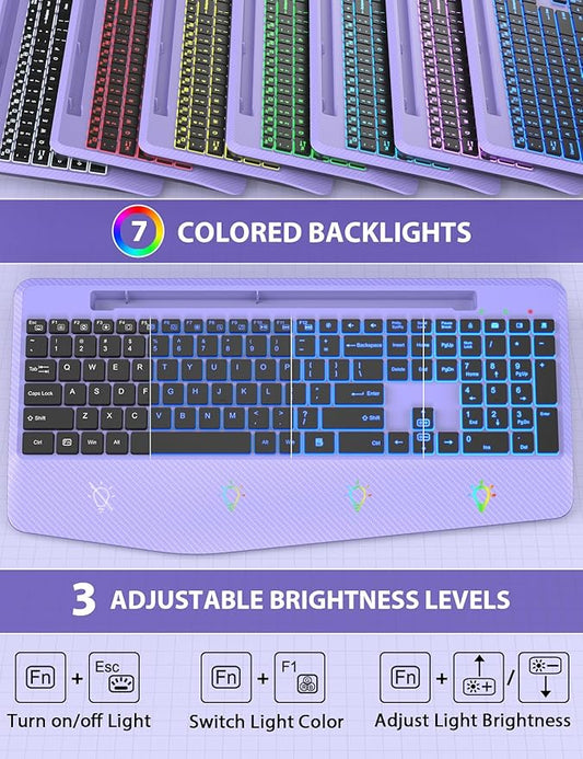 Wireless Keyboard and Mouse Backlits, Wrist Rest, LED Mouse, Rechargeable Ergonomic Keyboard with Phone Holder, Silent Light Up Combo for Computer, Mac, PC, Laptop, Chromebook (Purple)