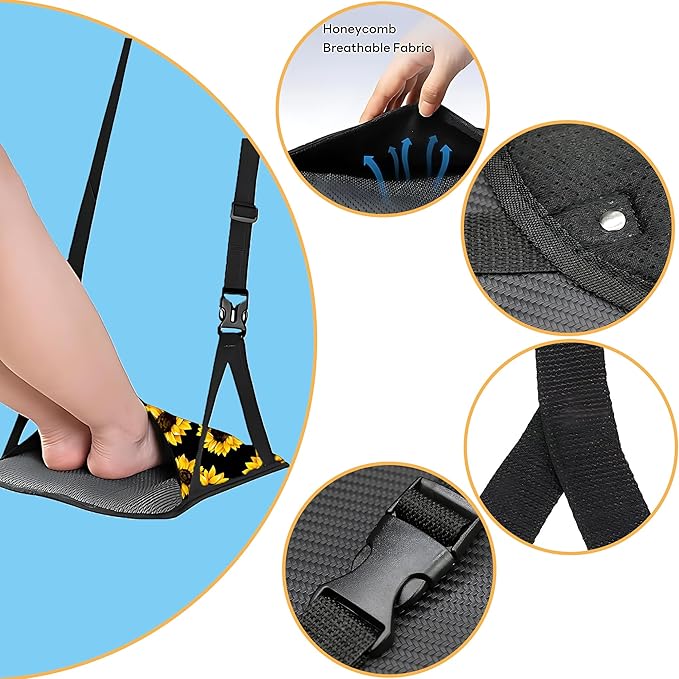 Airplane Footrest Adjustable Feet Rest for Plane Easy to Use Foot Hammock Airplane Travel Essentials Portable Light Leg Hammock for Plane Travel Accessories for Adult (Sunflower, 4 Pack)
