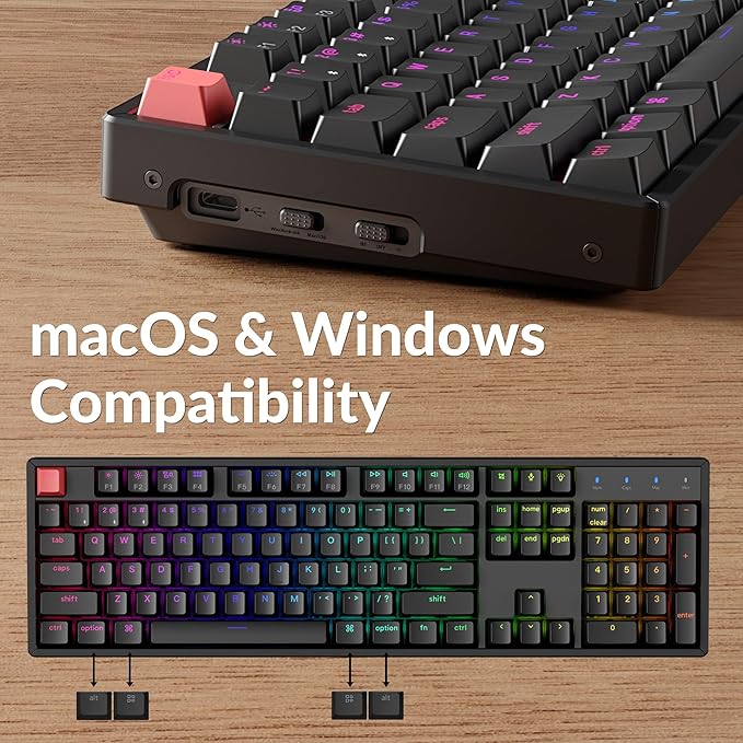 Keychron K10 Full Size 104 Keys Bluetooth Wireless/USB Wired Mechanical Gaming Keyboard for Mac with Keychron Super Red Switch/RGB Backlight/Computer Keyboard for Windows, Aluminum Frame(Version 2)