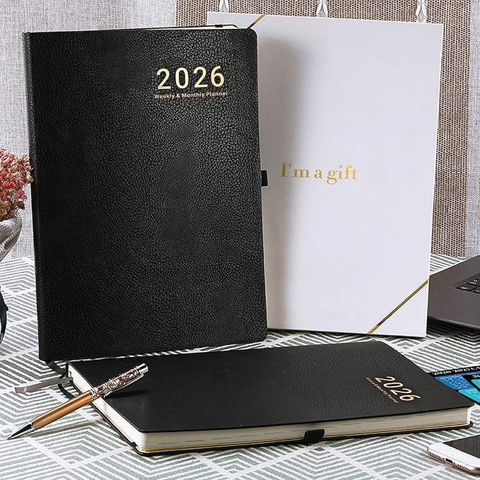 2026 Planner - JAN 2026 - DEC 2026, Planner Weekly and Monthly, Planner 2026, 8.5" x 11", Leather Cover Planners with Thick Paper, Back Pocket with Notes Pages, Black